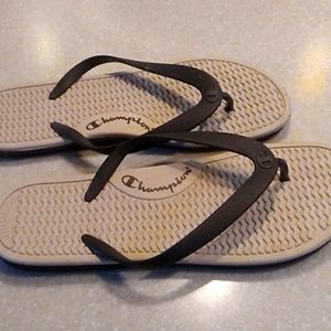 Champion womens flip flops...tan and cream.size 10